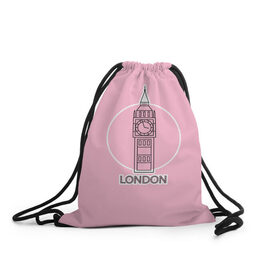 Рюкзак-мешок 3D с принтом Биг Бен, Лондон, London в Тюмени, 100% полиэстер | плотность ткани — 200 г/м2, размер — 35 х 45 см; лямки — толстые шнурки, застежка на шнуровке, без карманов и подкладки | big ben | clock | england | europe | london | pink | travel | англия | башня | башня елизаветы | биг бен | великобритания | европа | иконка | круг | лондон | надпись | путешествия | розовый | символ | часы