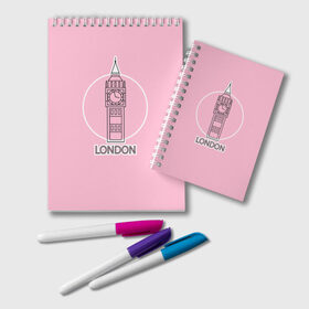 Блокнот с принтом Биг Бен, Лондон, London в Тюмени, 100% бумага | 48 листов, плотность листов — 60 г/м2, плотность картонной обложки — 250 г/м2. Листы скреплены удобной пружинной спиралью. Цвет линий — светло-серый
 | big ben | clock | england | europe | london | pink | travel | англия | башня | башня елизаветы | биг бен | великобритания | европа | иконка | круг | лондон | надпись | путешествия | розовый | символ | часы