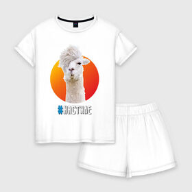 Женская пижама с шортиками хлопок с принтом Лама в Тюмени, 100% хлопок | футболка прямого кроя, шорты свободные с широкой мягкой резинкой | alpaca | lama | альпака | арт | животное | животные | картинка | лама | милота | рисунок
