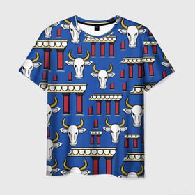 Мужская футболка 3D с принтом БЕЛЫЙ БЫК. СИМВОЛ 2021 ГОДА в Тюмени, 100% полиэфир | прямой крой, круглый вырез горловины, длина до линии бедер | белый бык | бык | год быка | греция | символ 2021 | ярко синий