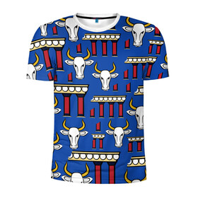 Мужская футболка 3D спортивная с принтом БЕЛЫЙ БЫК. СИМВОЛ 2021 ГОДА в Тюмени, 100% полиэстер с улучшенными характеристиками | приталенный силуэт, круглая горловина, широкие плечи, сужается к линии бедра | белый бык | бык | год быка | греция | символ 2021 | ярко синий