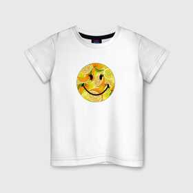 Детская футболка хлопок с принтом Смайлик с цитрусами в Тюмени, 100% хлопок | круглый вырез горловины, полуприлегающий силуэт, длина до линии бедер | Тематика изображения на принте: апельсин | апельсинки | весёлый | детский | жара | желтый | женский | зелёный | лаймы | летний | лето | лимон | лимоны | оранжевый | отдых | пляж | подростковый | прикол | прикольный | радость | ребёнок