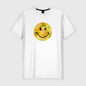 Мужская футболка хлопок Slim с принтом Смайлик с цитрусами в Тюмени, 92% хлопок, 8% лайкра | приталенный силуэт, круглый вырез ворота, длина до линии бедра, короткий рукав | апельсин | апельсинки | весёлый | детский | жара | желтый | женский | зелёный | лаймы | летний | лето | лимон | лимоны | оранжевый | отдых | пляж | подростковый | прикол | прикольный | радость | ребёнок