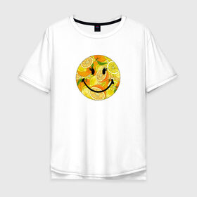 Мужская футболка хлопок Oversize с принтом Смайлик с цитрусами в Тюмени, 100% хлопок | свободный крой, круглый ворот, “спинка” длиннее передней части | апельсин | апельсинки | весёлый | детский | жара | желтый | женский | зелёный | лаймы | летний | лето | лимон | лимоны | оранжевый | отдых | пляж | подростковый | прикол | прикольный | радость | ребёнок