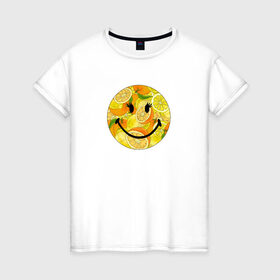 Женская футболка хлопок с принтом Смайлик с цитрусами в Тюмени, 100% хлопок | прямой крой, круглый вырез горловины, длина до линии бедер, слегка спущенное плечо | апельсин | апельсинки | весёлый | детский | жара | желтый | женский | зелёный | лаймы | летний | лето | лимон | лимоны | оранжевый | отдых | пляж | подростковый | прикол | прикольный | радость | ребёнок