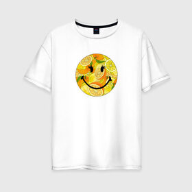 Женская футболка хлопок Oversize с принтом Смайлик с цитрусами в Тюмени, 100% хлопок | свободный крой, круглый ворот, спущенный рукав, длина до линии бедер
 | апельсин | апельсинки | весёлый | детский | жара | желтый | женский | зелёный | лаймы | летний | лето | лимон | лимоны | оранжевый | отдых | пляж | подростковый | прикол | прикольный | радость | ребёнок