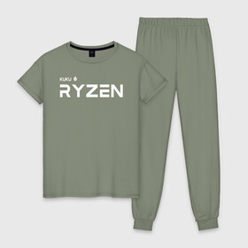 Женская пижама хлопок с принтом Kuku Ryzen в Тюмени, 100% хлопок | брюки и футболка прямого кроя, без карманов, на брюках мягкая резинка на поясе и по низу штанин | amd | amd ryzen | cpu | intel | kukuryzen | radeon | ryzen | zen | кукурузен | процессор | райзен | рузен | рязань | цпу