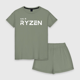 Женская пижама с шортиками хлопок с принтом Kuku Ryzen в Тюмени, 100% хлопок | футболка прямого кроя, шорты свободные с широкой мягкой резинкой | amd | amd ryzen | cpu | intel | kukuryzen | radeon | ryzen | zen | кукурузен | процессор | райзен | рузен | рязань | цпу