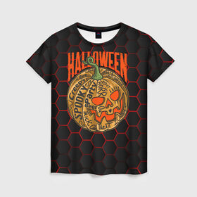 Женская футболка 3D с принтом Halloween в Тюмени, 100% полиэфир ( синтетическое хлопкоподобное полотно) | прямой крой, круглый вырез горловины, длина до линии бедер | blood | diablo | haloween | horror | дьявол | зомби | кости | кровь | мозги | мясо | страшилка | ужасы | хеллоуин | хелоуин