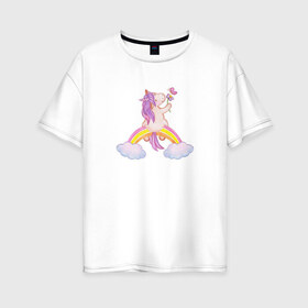 Женская футболка хлопок Oversize с принтом Pony unicorn on a rainbow в Тюмени, 100% хлопок | свободный крой, круглый ворот, спущенный рукав, длина до линии бедер
 | cartoon | clouds | flower | horse | kawaii | pink | pony | rainbow | unicorn | бабочка | держит цветок | детский | единорог | животные | забавный | звери | конь | лошадка | лошадь | милый | облака | пони | поняшка | радуга | рог