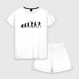 Женская пижама с шортиками хлопок с принтом Эволюция. в Тюмени, 100% хлопок | футболка прямого кроя, шорты свободные с широкой мягкой резинкой | баба | девишник | девочка | девушка | деградация | женщина | каблуки | люди | мужик | мужчина | обезьяна | пацан | подругам | прикол | приматы | рисунок | рука | силуэт | силуэты | стоп | феминизм
