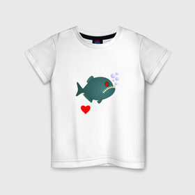 Детская футболка хлопок с принтом Добрая пиранья в Тюмени, 100% хлопок | круглый вырез горловины, полуприлегающий силуэт, длина до линии бедер | piranha | акула | амазонка | вода | зубастик | клыки | кровь | монстр | пиранья | природа | река | рыба | стая | хищник | циник | циничный | юмор