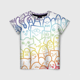 Детская футболка 3D с принтом Радужные дудлы в Тюмени, 100% гипоаллергенный полиэфир | прямой крой, круглый вырез горловины, длина до линии бедер, чуть спущенное плечо, ткань немного тянется | doodle | горы | динозавр | дудл | жираф | заяц | звезда | карандаш | лапки | медведь | облако | птица | радуга | сердце | телевизор | улыбка | утёнок