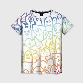Женская футболка 3D с принтом Радужные дудлы в Тюмени, 100% полиэфир ( синтетическое хлопкоподобное полотно) | прямой крой, круглый вырез горловины, длина до линии бедер | doodle | горы | динозавр | дудл | жираф | заяц | звезда | карандаш | лапки | медведь | облако | птица | радуга | сердце | телевизор | улыбка | утёнок