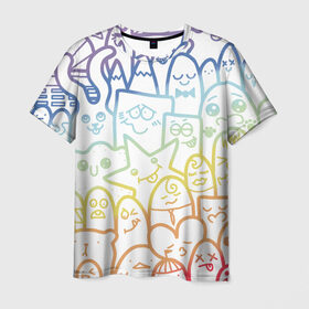 Мужская футболка 3D с принтом Радужные дудлы в Тюмени, 100% полиэфир | прямой крой, круглый вырез горловины, длина до линии бедер | doodle | горы | динозавр | дудл | жираф | заяц | звезда | карандаш | лапки | медведь | облако | птица | радуга | сердце | телевизор | улыбка | утёнок