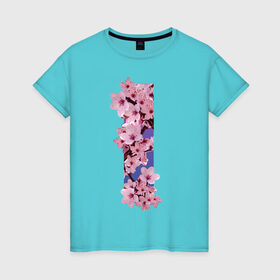 Женская футболка хлопок с принтом Ветви сакуры в Тюмени, 100% хлопок | прямой крой, круглый вырез горловины, длина до линии бедер, слегка спущенное плечо | ветви | градиент | лепестки | полоса | розовый | сакура | темно синий | фиолетовый