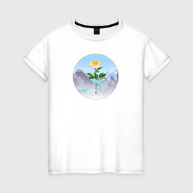 Женская футболка хлопок с принтом Пион и лента в Тюмени, 100% хлопок | прямой крой, круглый вырез горловины, длина до линии бедер, слегка спущенное плечо | горы | гусу лань | ланьлин цзинь | пион | сияние средь снегов | цветок