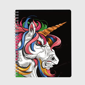 Тетрадь с принтом Evil unicorn в Тюмени, 100% бумага | 48 листов, плотность листов — 60 г/м2, плотность картонной обложки — 250 г/м2. Листы скреплены сбоку удобной пружинной спиралью. Уголки страниц и обложки скругленные. Цвет линий — светло-серый
 | black | blue | evil | evil unicorn | green yellow | horn | horse | multicolored | pink | red | white | белый | зеленый желтый | зло | злой единорог | конь | красный | лошадь | разноцветный | рог | розовый | синий | черный