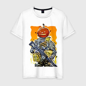Мужская футболка хлопок с принтом Хэллоуин Калибр в Тюмени, 100% хлопок | прямой крой, круглый вырез горловины, длина до линии бедер, слегка спущенное плечо. | калибр | солдат | тыква | хэллоуин