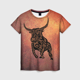 Женская футболка 3D с принтом Символ года 2021 Бык в Тюмени, 100% полиэфир ( синтетическое хлопкоподобное полотно) | прямой крой, круглый вырез горловины, длина до линии бедер | 2021 | бык | животное | животные | новый год | орнамент | сила | символ года | узор | ярость