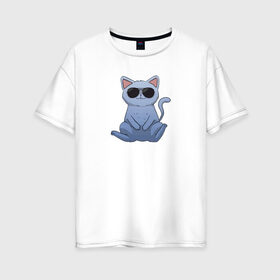 Женская футболка хлопок Oversize с принтом Blue Cat в Тюмени, 100% хлопок | свободный крой, круглый ворот, спущенный рукав, длина до линии бедер
 | домашний | животные | звери | киса | киска | кот | котенок | котэ | котя | кошка | крутой | лапочка | милый | мимими | модный | очки | синий | хороший
