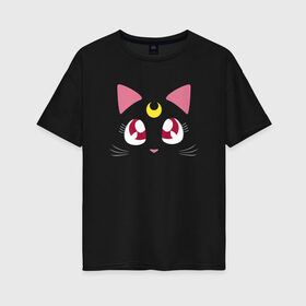 Женская футболка хлопок Oversize с принтом Luna Cat. Sailor Moon в Тюмени, 100% хлопок | свободный крой, круглый ворот, спущенный рукав, длина до линии бедер
 | anime | cute | аниме | взгляд | волшебство | глаза | киса | киска | кот | котенок | котэ | котя | кошка | лапочка | луна | магия | месяц | милый | мимими | мордочка | сейлор мун | хороший | япония