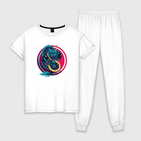 Женская пижама хлопок с принтом Дракон в Тюмени, 100% хлопок | брюки и футболка прямого кроя, без карманов, на брюках мягкая резинка на поясе и по низу штанин | дракон | круг | существо | татуировка