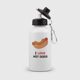 Бутылка спортивная с принтом Love HOT DOGS в Тюмени, металл | емкость — 500 мл, в комплекте две пластиковые крышки и карабин для крепления | Тематика изображения на принте: еда | люблю | питание | сосиска | хот дог