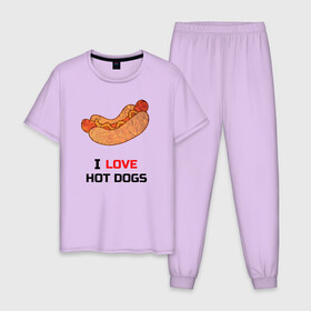 Мужская пижама хлопок с принтом Love HOT DOGS в Тюмени, 100% хлопок | брюки и футболка прямого кроя, без карманов, на брюках мягкая резинка на поясе и по низу штанин
 | Тематика изображения на принте: еда | люблю | питание | сосиска | хот дог