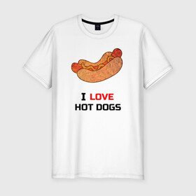 Мужская футболка хлопок Slim с принтом Love HOT DOGS в Тюмени, 92% хлопок, 8% лайкра | приталенный силуэт, круглый вырез ворота, длина до линии бедра, короткий рукав | Тематика изображения на принте: еда | люблю | питание | сосиска | хот дог