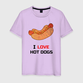 Мужская футболка хлопок с принтом Love HOT DOGS в Тюмени, 100% хлопок | прямой крой, круглый вырез горловины, длина до линии бедер, слегка спущенное плечо. | Тематика изображения на принте: еда | люблю | питание | сосиска | хот дог