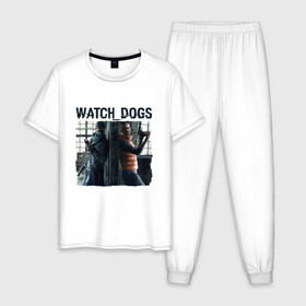 Мужская пижама хлопок с принтом Watch dogs (Z) в Тюмени, 100% хлопок | брюки и футболка прямого кроя, без карманов, на брюках мягкая резинка на поясе и по низу штанин
 | black viceroys | ubisoft montreal | watch dogs | watchdogs | watch_dogs | взлом | делфорд уэйд | дефолт | джей би | джей би маркович | дэмиен брэнкс | клара лилл | куинн | лаки | лис | мститель | пирс | рэймонд кинни | сторожевые п