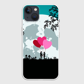 Чехол для iPhone 13 с принтом Влюбленная Пара в Тюмени,  |  | heart | leaves | love | love you | minimal | moon | night | влюбленная пара | влюбленные | воздушные шары | деревья | листья | луна | любовь | минимализм | ночь | отношения | полнолуние | природа | сердечки | сердца | сердце