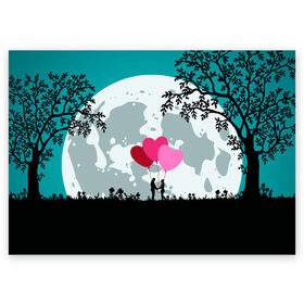 Поздравительная открытка с принтом Влюбленная Пара в Тюмени, 100% бумага | плотность бумаги 280 г/м2, матовая, на обратной стороне линовка и место для марки
 | heart | leaves | love | love you | minimal | moon | night | влюбленная пара | влюбленные | воздушные шары | деревья | листья | луна | любовь | минимализм | ночь | отношения | полнолуние | природа | сердечки | сердца | сердце