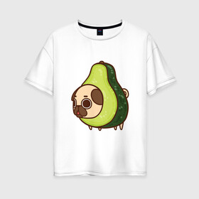 Женская футболка хлопок Oversize с принтом Мопс-авокадо в Тюмени, 100% хлопок | свободный крой, круглый ворот, спущенный рукав, длина до линии бедер
 | авокадо | арт | мопс | рисунок | сладкий | сладость | собака в костюме | собака в костюмчике | фрукт | фрукты