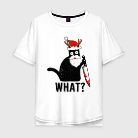 Мужская футболка хлопок Oversize с принтом What Cat (Новый Год) в Тюмени, 100% хлопок | свободный крой, круглый ворот, “спинка” длиннее передней части | Тематика изображения на принте: 