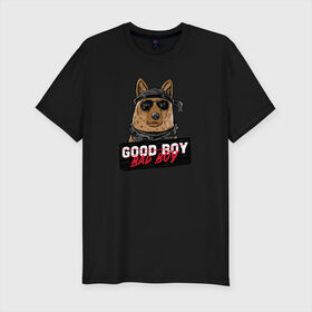 Мужская футболка хлопок Slim с принтом Bad Boy в Тюмени, 92% хлопок, 8% лайкра | приталенный силуэт, круглый вырез ворота, длина до линии бедра, короткий рукав | animal | dog | good | домашний | животные | звери | крутой | мальчик | милый | надпись | очки | пес | питомец | собака | собакен | табличка | хороший | щенок