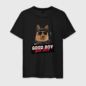 Мужская футболка хлопок с принтом Bad Boy в Тюмени, 100% хлопок | прямой крой, круглый вырез горловины, длина до линии бедер, слегка спущенное плечо. | animal | dog | good | домашний | животные | звери | крутой | мальчик | милый | надпись | очки | пес | питомец | собака | собакен | табличка | хороший | щенок