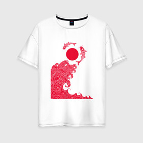 Женская футболка хлопок Oversize с принтом Восток в Тюмени, 100% хлопок | свободный крой, круглый ворот, спущенный рукав, длина до линии бедер
 | волна | рисунок | рыбы | солнце