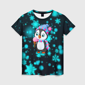 Женская футболка 3D с принтом Новогодний пингвин в Тюмени, 100% полиэфир ( синтетическое хлопкоподобное полотно) | прямой крой, круглый вырез горловины, длина до линии бедер | 2021 | new year | бык | год быка | девочка | дед мороз | детям | дочке | мальчик | модная | модный | мороженое | новогодний дизайн | новогодний пингвин | новогодняя | новый год | пенгвин | пингвин | пингвины