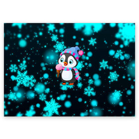Поздравительная открытка с принтом Новогодний пингвин в Тюмени, 100% бумага | плотность бумаги 280 г/м2, матовая, на обратной стороне линовка и место для марки
 | 2021 | new year | бык | год быка | девочка | дед мороз | детям | дочке | мальчик | модная | модный | мороженое | новогодний дизайн | новогодний пингвин | новогодняя | новый год | пенгвин | пингвин | пингвины