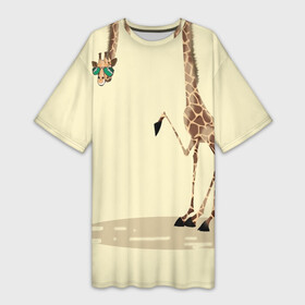 Платье-футболка 3D с принтом жираф на шее в Тюмени,  |  | Тематика изображения на принте: жираф | жирафик | очки | рисунок
