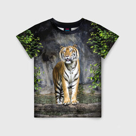 Детская футболка 3D с принтом ТИГР В ЛЕСУ в Тюмени, 100% гипоаллергенный полиэфир | прямой крой, круглый вырез горловины, длина до линии бедер, чуть спущенное плечо, ткань немного тянется | tiger | амурский | бенгальский | в зоопарке | в лесу | дикий | кошка | крупная | полосатый | тигр | тигренок | тигрица