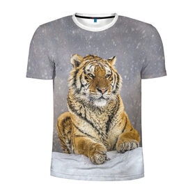 Мужская футболка 3D спортивная с принтом ТИГР ЗИМОЙ в Тюмени, 100% полиэстер с улучшенными характеристиками | приталенный силуэт, круглая горловина, широкие плечи, сужается к линии бедра | tiger | амурский | бенгальский | дикий | зима | зимой | кошка | крупная | полосатый | тигр | тигренок | тигрица