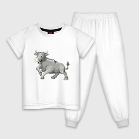 Детская пижама хлопок с принтом Металлический бык в Тюмени, 100% хлопок |  брюки и футболка прямого кроя, без карманов, на брюках мягкая резинка на поясе и по низу штанин
 | 2021 | bull | белый | бык | дикая природа | добрый | зима | китайский календарь | металлический | милый | новый год | подарок | серебряный | улыбается