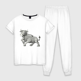 Женская пижама хлопок с принтом Металлический бык в Тюмени, 100% хлопок | брюки и футболка прямого кроя, без карманов, на брюках мягкая резинка на поясе и по низу штанин | 2021 | bull | белый | бык | дикая природа | добрый | зима | китайский календарь | металлический | милый | новый год | подарок | серебряный | улыбается