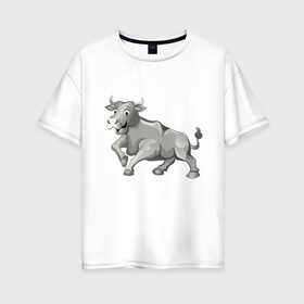 Женская футболка хлопок Oversize с принтом Металлический бык в Тюмени, 100% хлопок | свободный крой, круглый ворот, спущенный рукав, длина до линии бедер
 | Тематика изображения на принте: 2021 | bull | белый | бык | дикая природа | добрый | зима | китайский календарь | металлический | милый | новый год | подарок | серебряный | улыбается