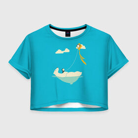 Женская футболка Crop-top 3D с принтом ОБИТАТЕЛИ АНТАРКТИКИ в Тюмени, 100% полиэстер | круглая горловина, длина футболки до линии талии, рукава с отворотами | белый медведь | воздушный змей | детский рисунок | мультяшный персонаж | небо голубое | облака | пингвин | рисунок
