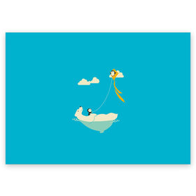 Поздравительная открытка с принтом ОБИТАТЕЛИ АНТАРКТИКИ в Тюмени, 100% бумага | плотность бумаги 280 г/м2, матовая, на обратной стороне линовка и место для марки
 | белый медведь | воздушный змей | детский рисунок | мультяшный персонаж | небо голубое | облака | пингвин | рисунок