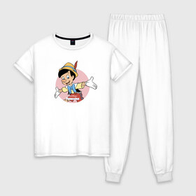Женская пижама хлопок с принтом Пиноккио в Тюмени, 100% хлопок | брюки и футболка прямого кроя, без карманов, на брюках мягкая резинка на поясе и по низу штанин | disney | pinocchio | vdkimel | дисней | пиноккио